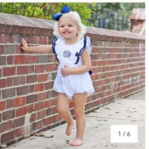 Classic Whimsy White and Blue Flutter Sleeve Bubble Romper. Size 24 months.